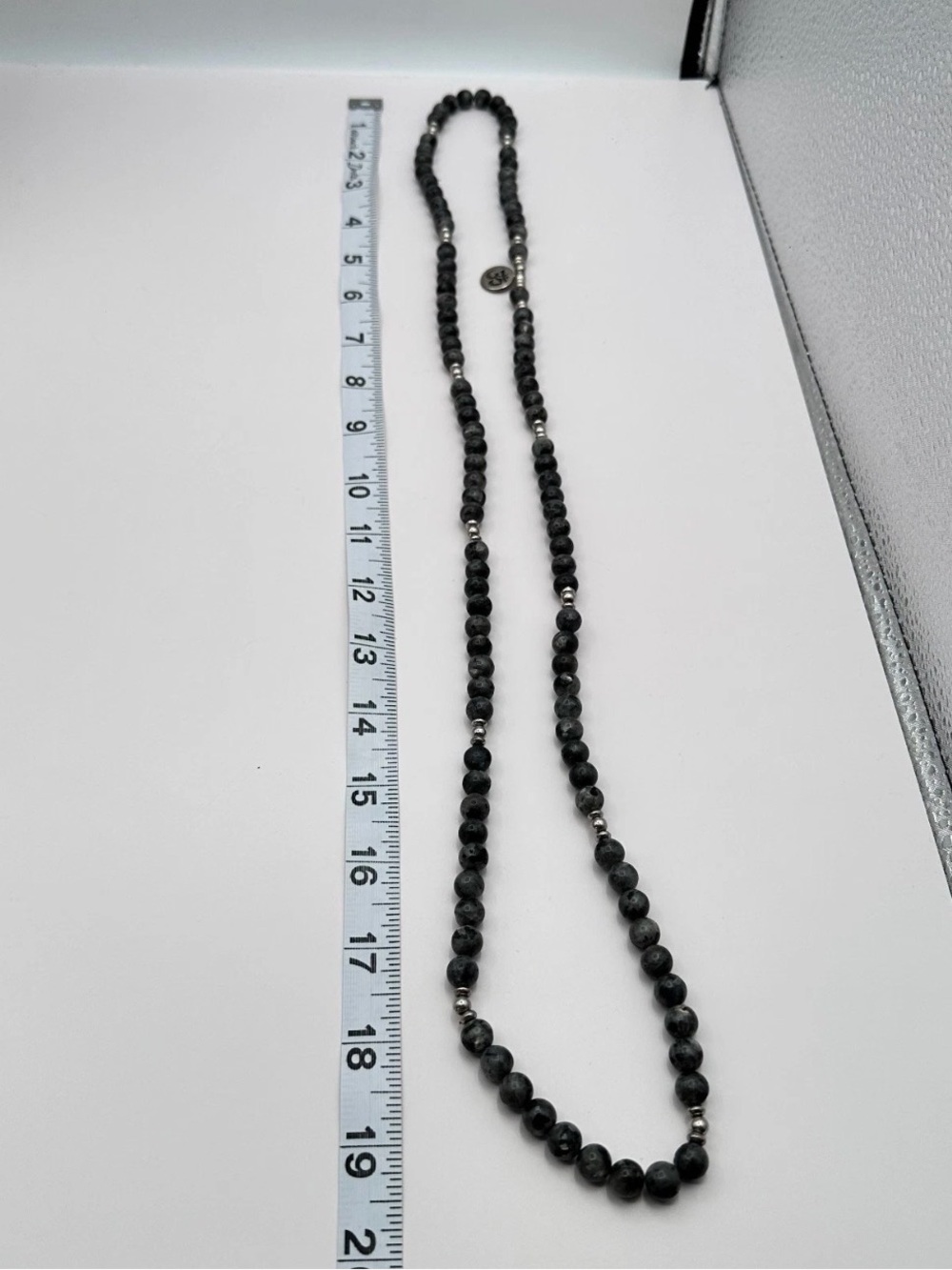 Gray Obsidian Beaded Necklace w/ Ohm Pendant Silver Spacers Yoga Buddhist Mala - Picture 5 of 6